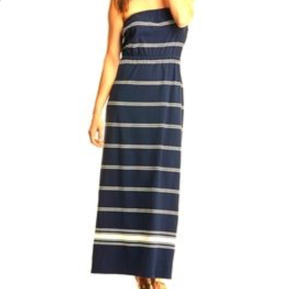 Vineyard Vines Navy Strapless Maxi Dress Size Small Navy Blue and White Stripes